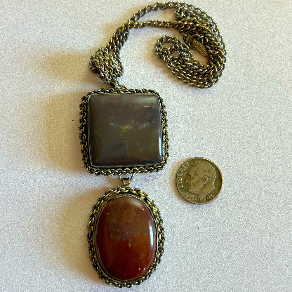 Vintage unique square and oval stone cabochon braided metal silver chain - Picture 2 of 6
